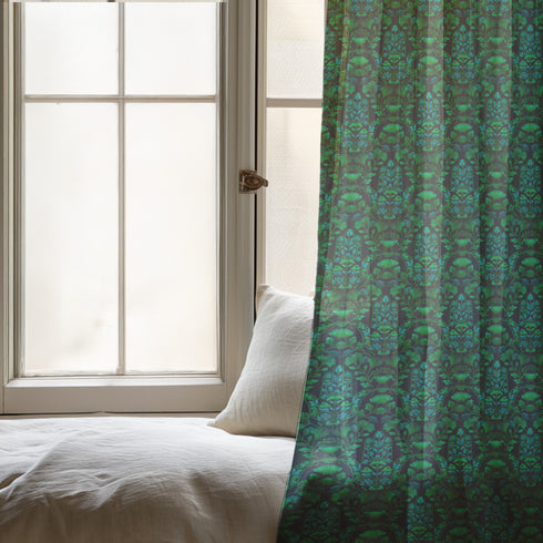 Sheer curtain panel featuring repeating emerald green hamsa hands with blue botanical elements on dark background. Linen-textured polyester fabric filters light beautifully while providing elegant window covering with protective symbolism for bohemian or Victorian interiors.